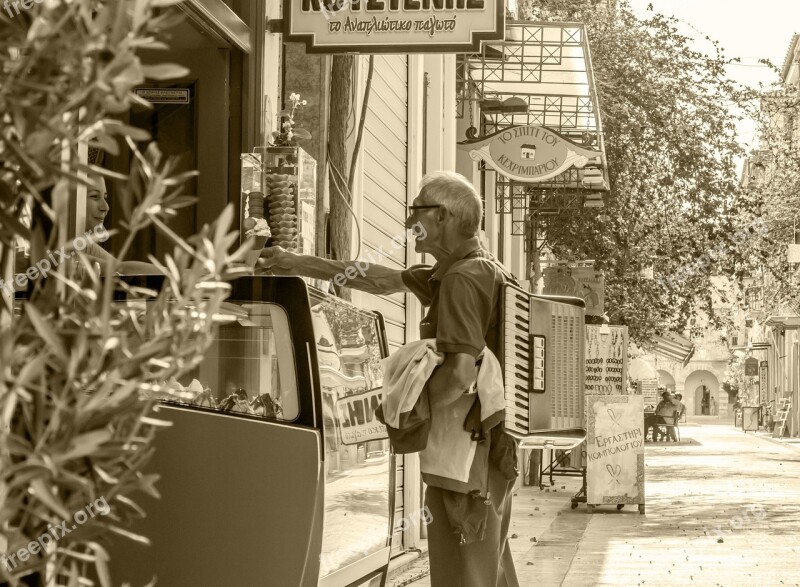 Ice Cream Greece Old Man Smile Happy Moments