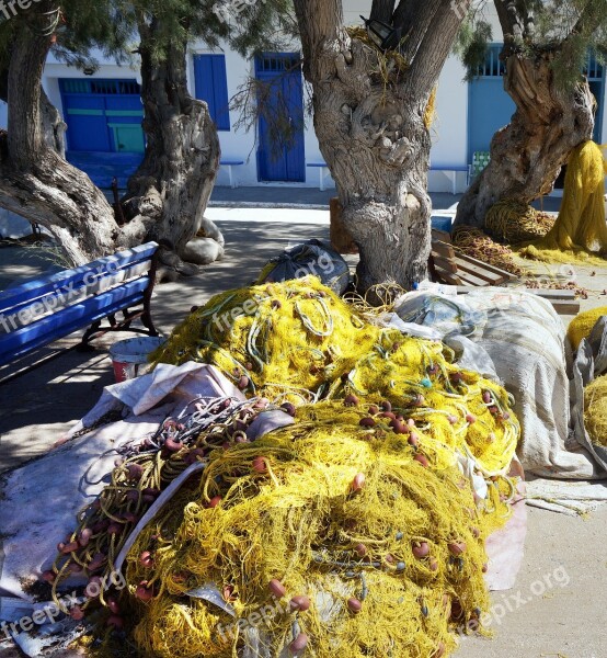 Greece Milos Fishing Nets Yellow Trees