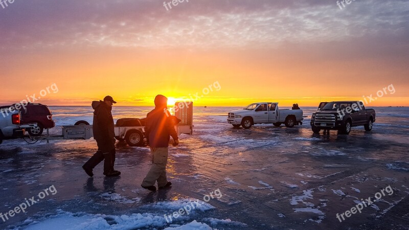 Ice Fishing Winter Lake Sunrise Walking