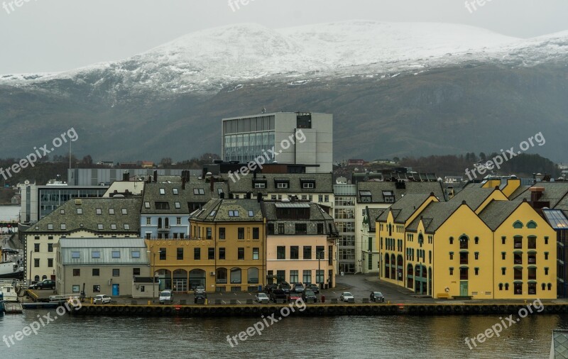 Norway Coast ålesund Mountains Snow Architecture