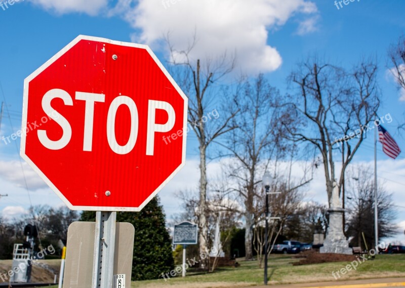 Stop Sign Red Blue Sky Winter Trees