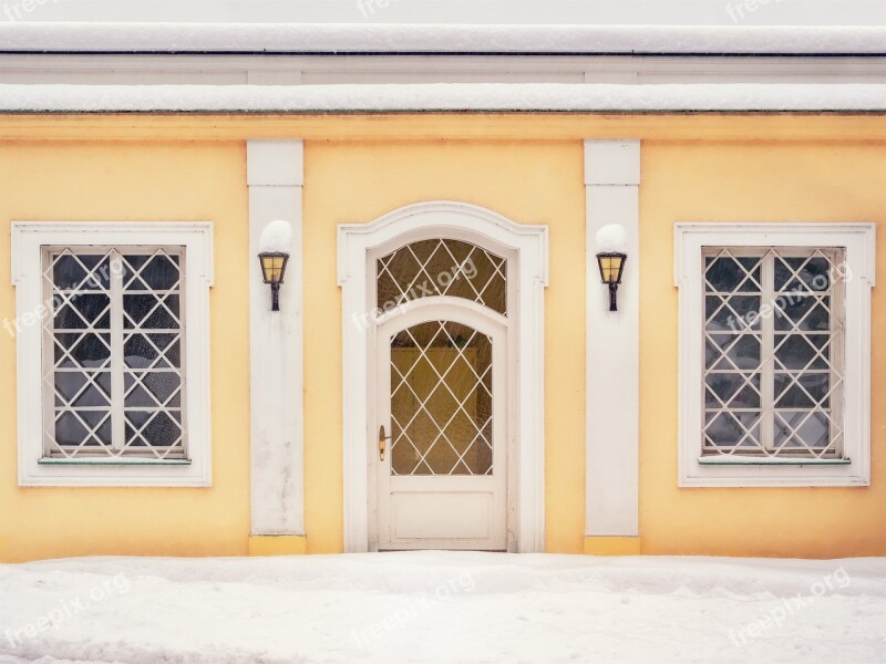 Facade Yellow Door Lamps Building