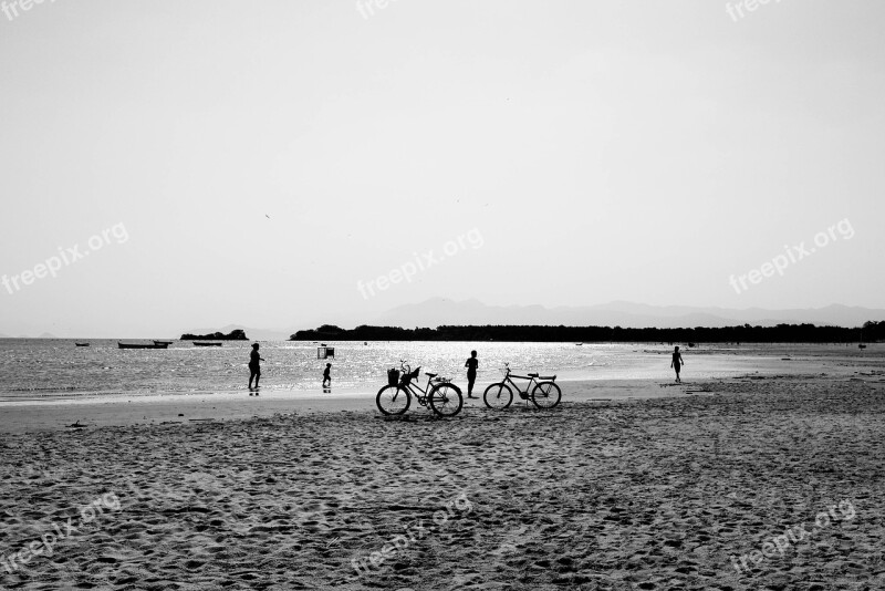 Bike People Silhouette Beach Water