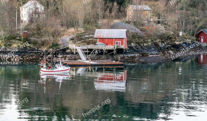 Norway Coast Line Water Reflection Red House