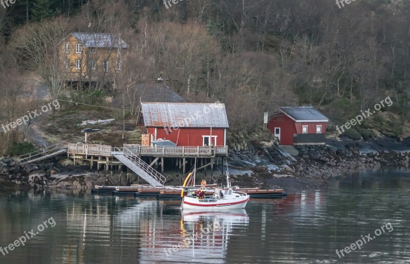 Norway Coast Line Water Reflection Red House