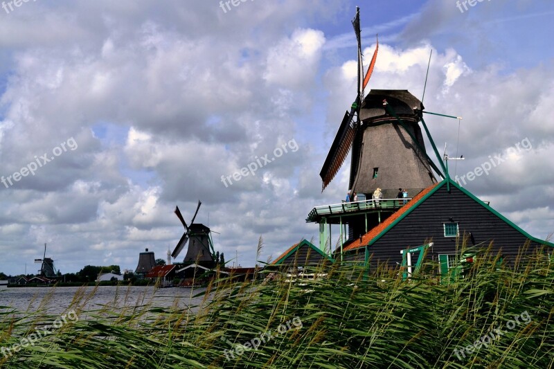 Zaanse Schans Clouds Mill Netherlands Landscape