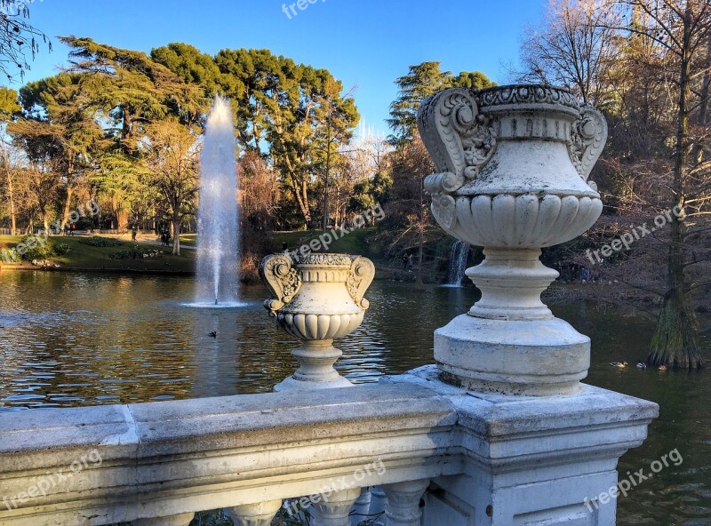 Retiro Park Pond Fountain Water Landscape