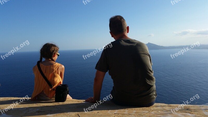 Two Persons Sit Look Sea Summer