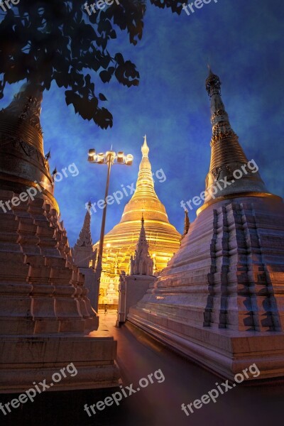 Myanmar Shwedagon Temple At Night Pagoda Free Photos