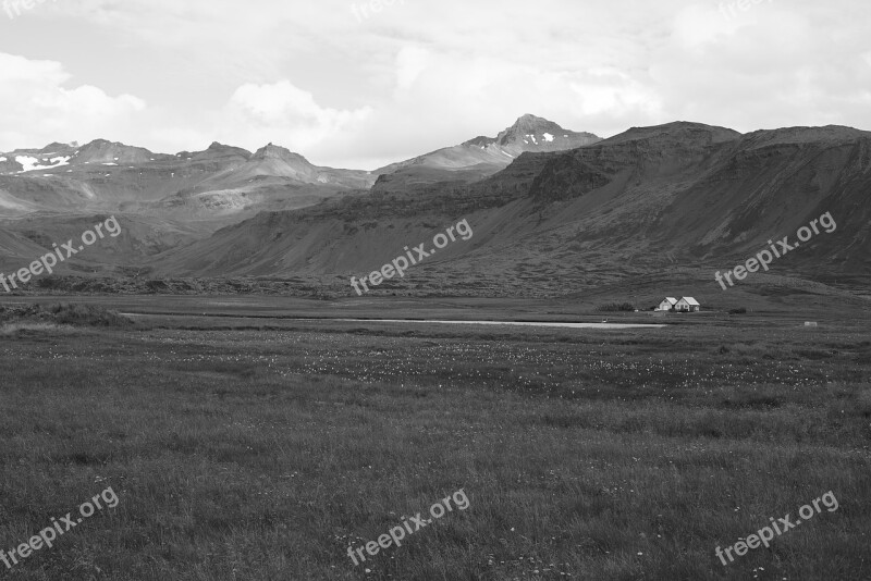 Iceland Mountains House Black And White Nature