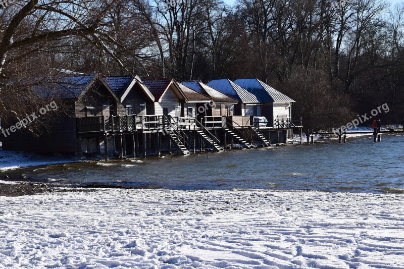 Winter Boat House Snow Wintry Lake