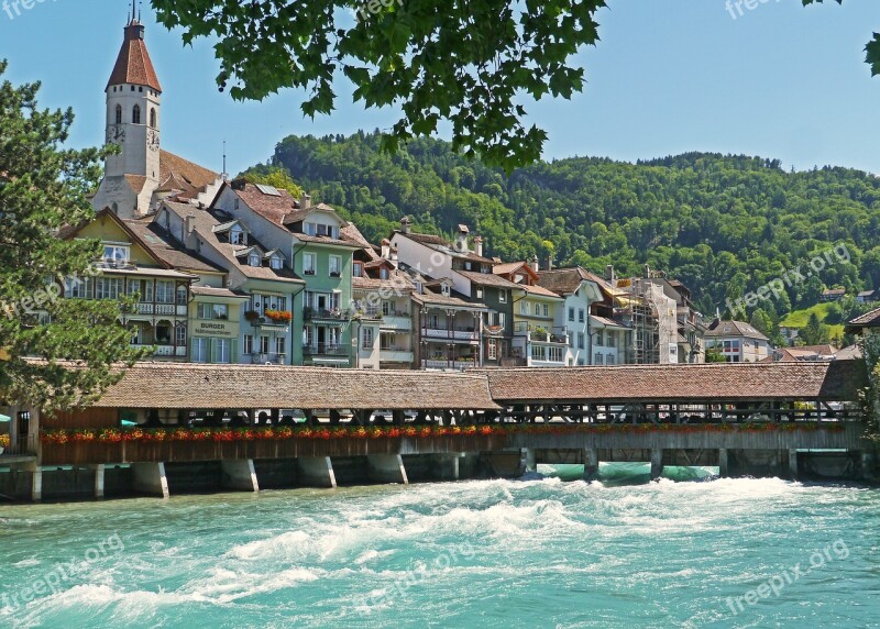 Switzerland Thun Aare Alps River Weir