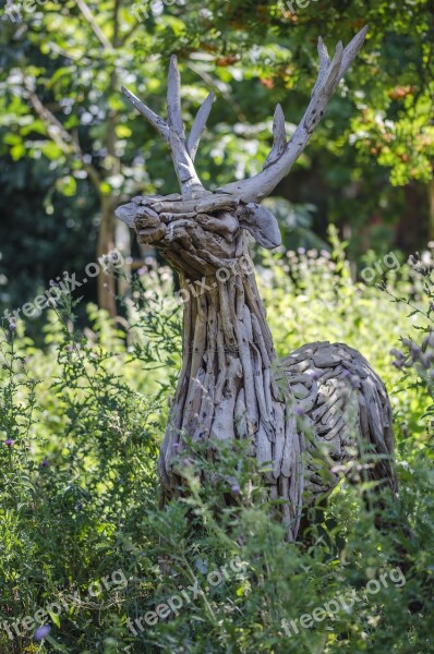 Statue Deer Wood Timber Wooden