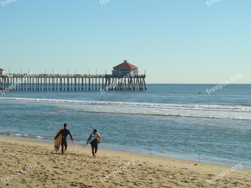 Surfer Pier Huntington Beach Sand Surfboard