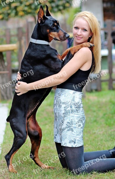 Hug Doberman Blonde Woman Friendship Love