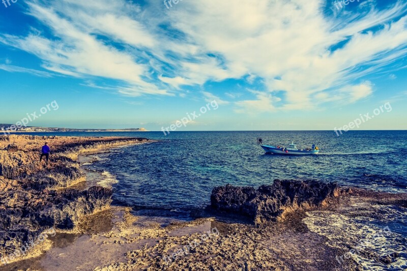 Rocky Coast Sea Boat Nature Sky