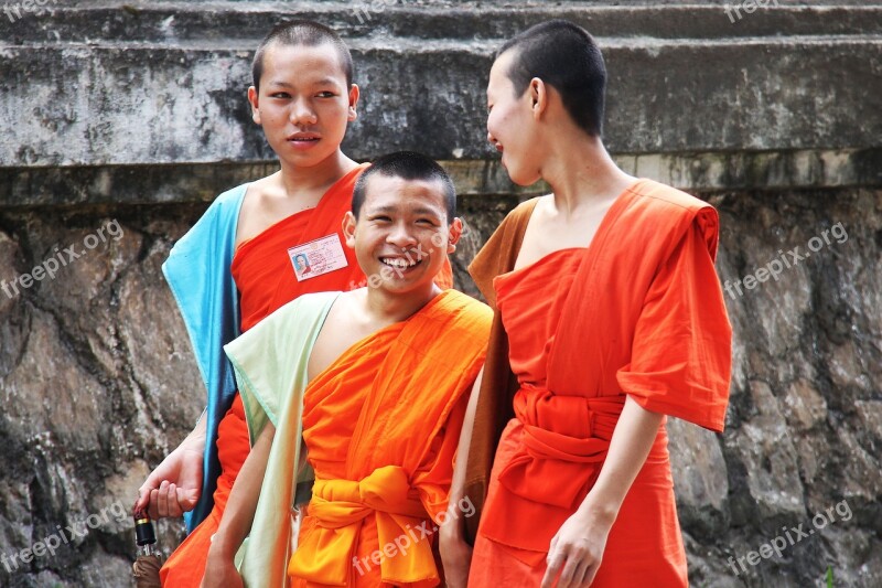 Monks Happy Walking Laos Luang Prabang