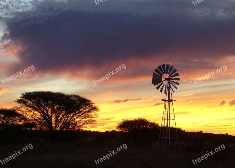 Sunset Wind Mill Africa Farm Acacia Trees