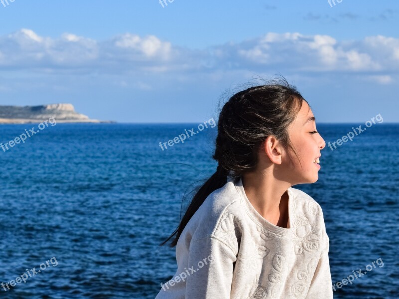 Girl Enjoying Sunshine Sea Nature