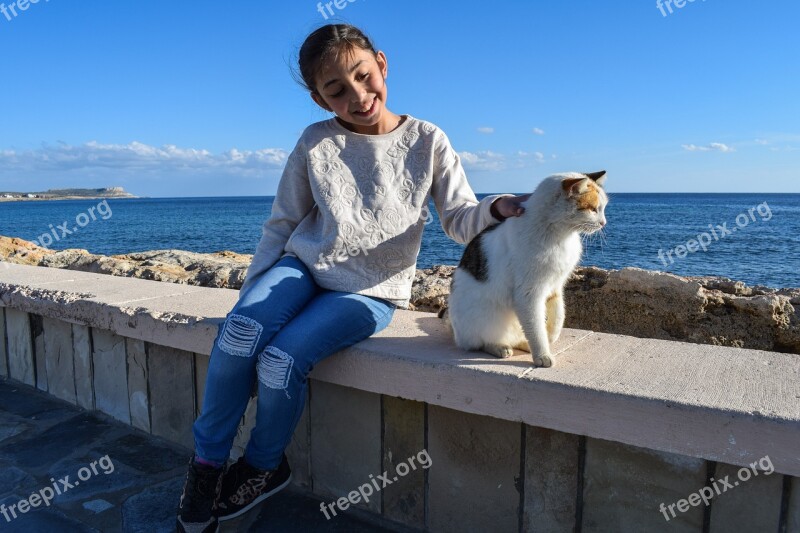 Kid Girl Playing Cat Stray