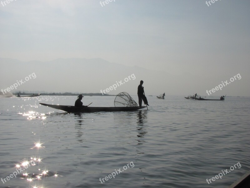 Fisherman Boat Lake Burma Free Photos