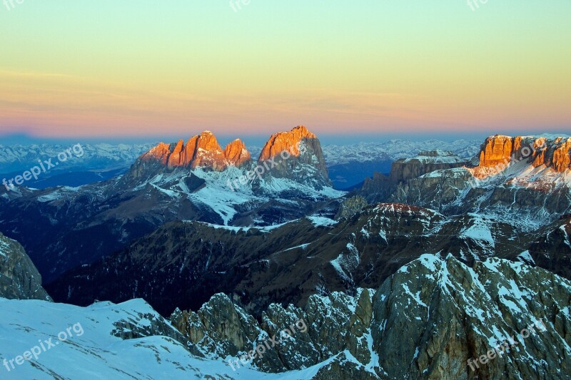 Dawn Sassolungo Dolomites Massif Of The Saddle Sunrise From Marmolada