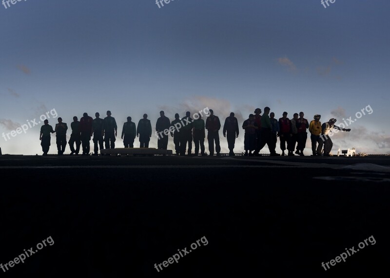 Teamwork Sailors Silhouettes Cleaning Walking Deck