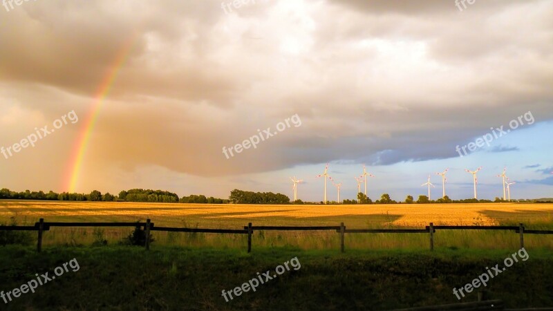 Landscape Fields Clouds Rainbow Nature