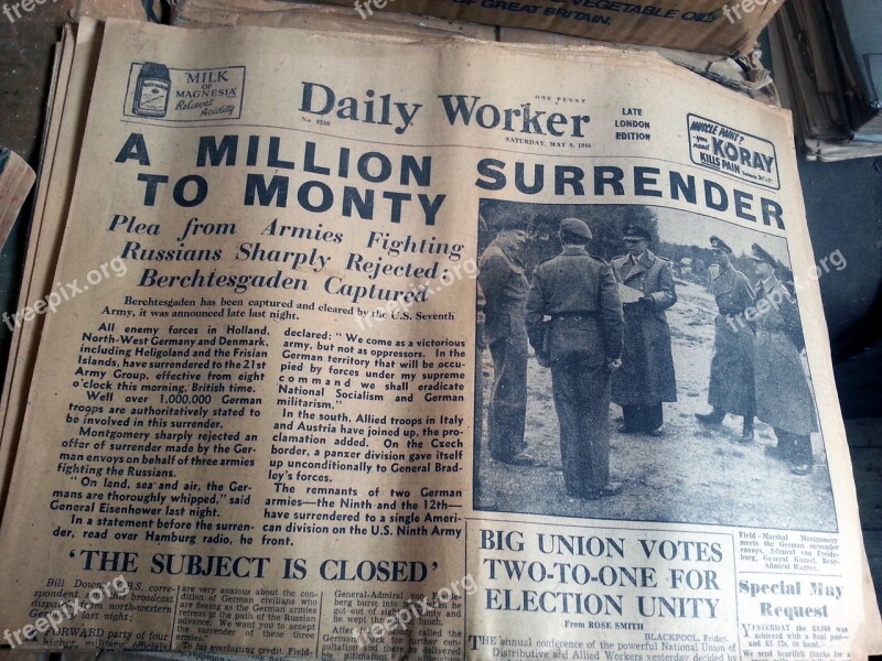 Old Newspaper Daily Worker Surrender May 5th 1945 History