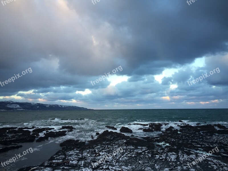 Japan Sea Winter Road Hokkaido Sea It Was Cloudy