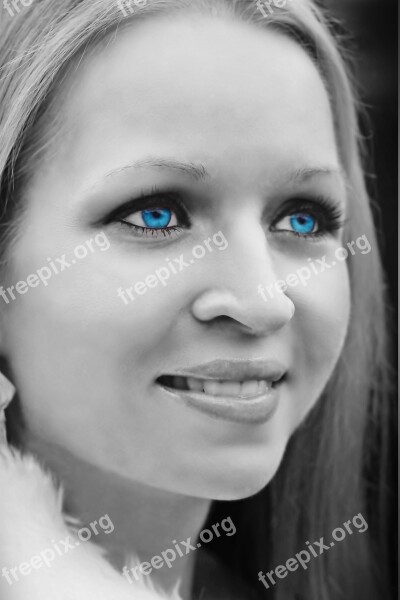 Blonde Woman Black White Smile Facial Blue Eyes