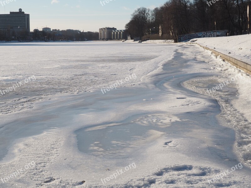 Ice On The River Frostwork City In Winter Clear Day