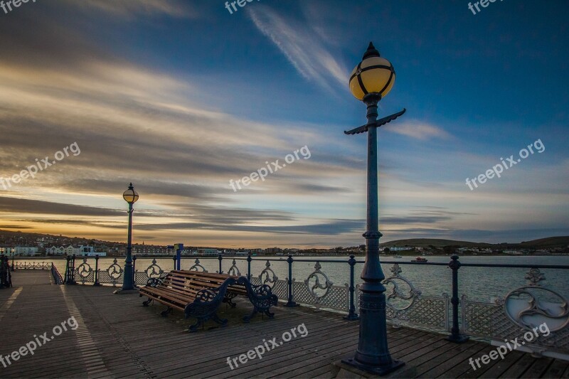 Swanage Bay Pier Ocean Sunset Dorset