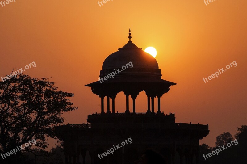 Silhouettes Sunset Mosque India Agra