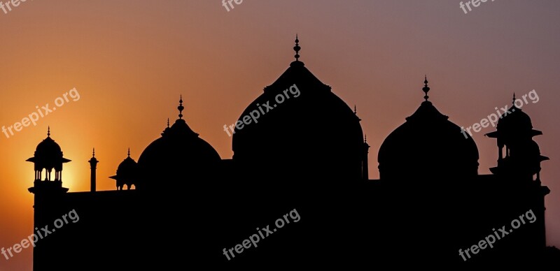 Silhouettes Sunset Mosque India Agra