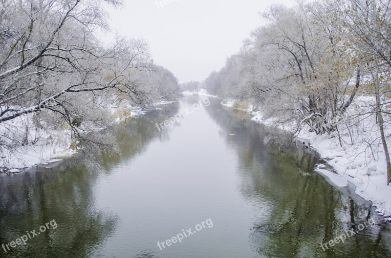 River Shore Fog Snow Trees