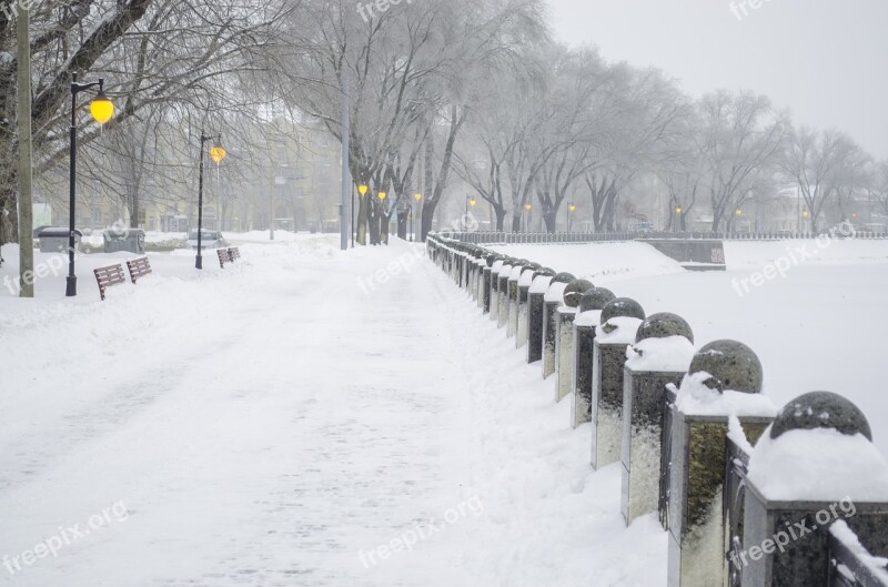 Winter Quay Railing Snow Ice