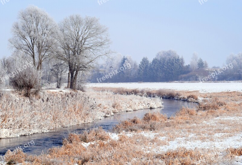 Winter River Nature Snow Hoarfrost