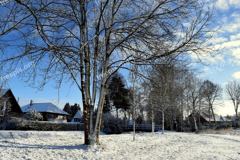 Winter Trees Bridge House Snow Landscape