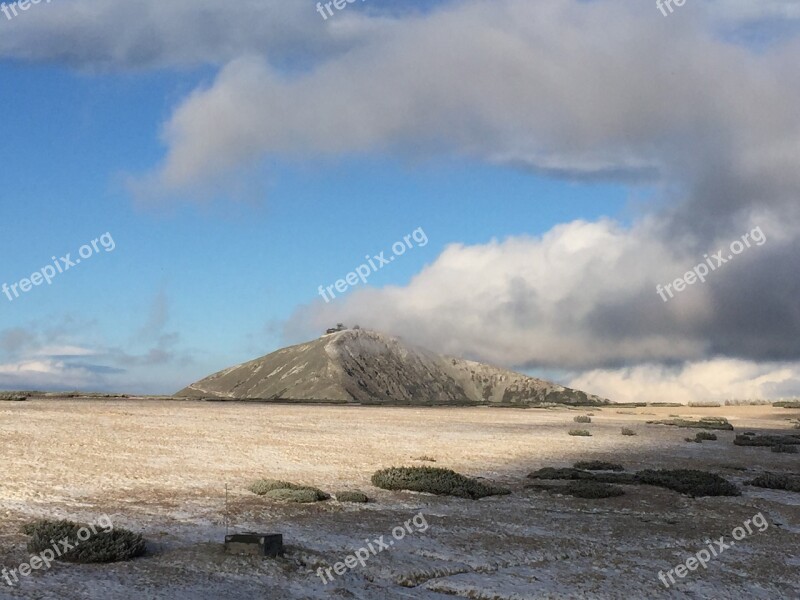 Snow Koppe Hoarfrost Blue Giant Mountains Clouds