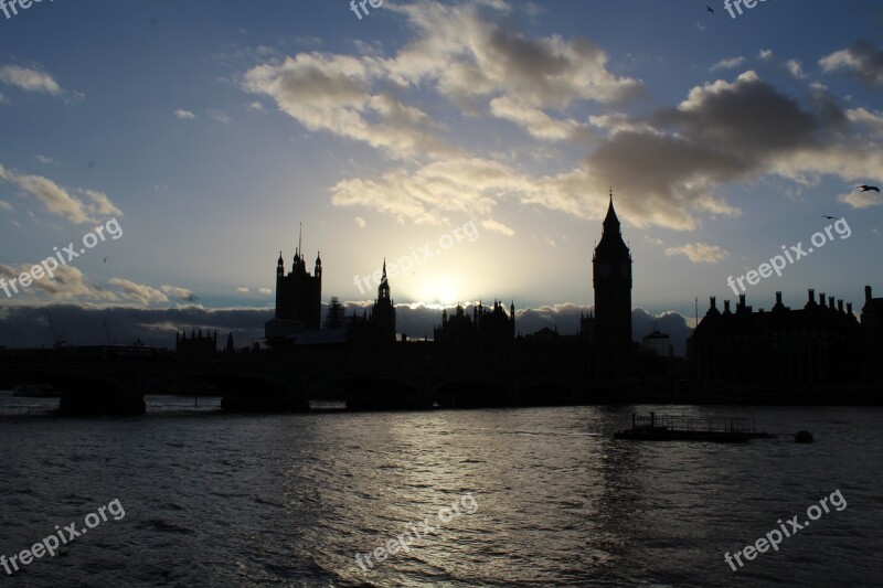 London River Clouds Sunset Landmark