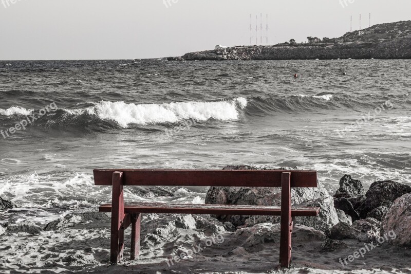 Bench Beach Sea Waves Scenery