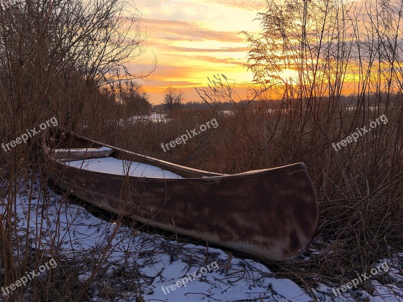 Sunset Canoe Lake Frozen Dusk