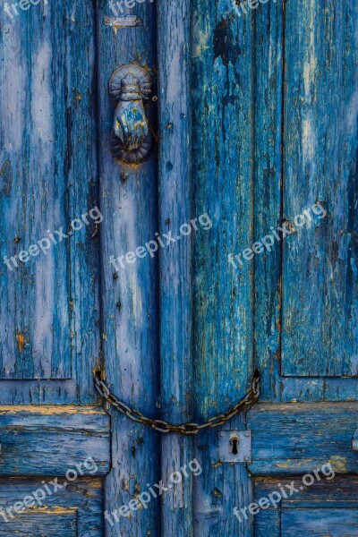 Old Door Wooden Blue Chain Keyhole