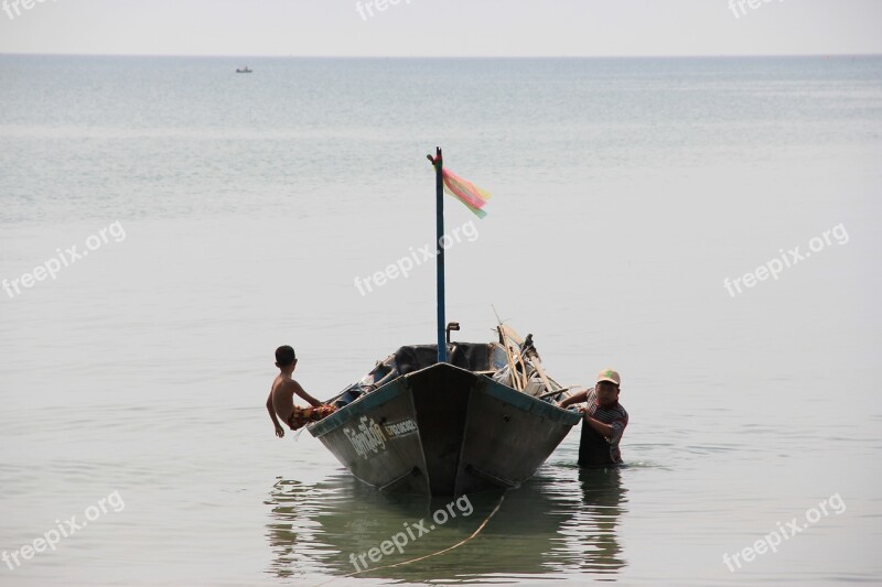 Thailand Rayong Fishing Boat Father And Son Beach