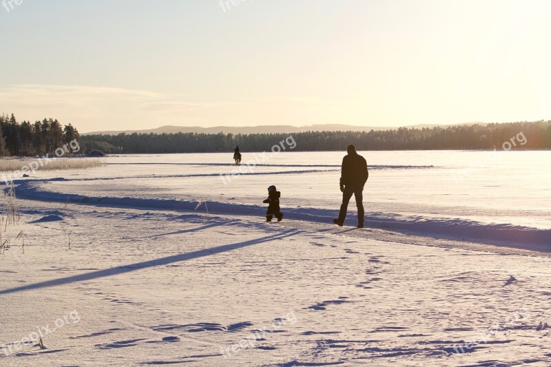 Family Child Father Son Snow Winter Landscape