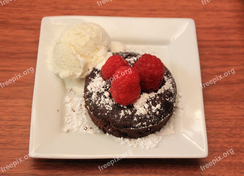 Chocolate Lava Cake Raspberries Vanilla Ice Cream Torte Sweet