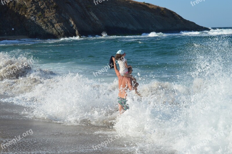 Sea Kid Father Waves Water