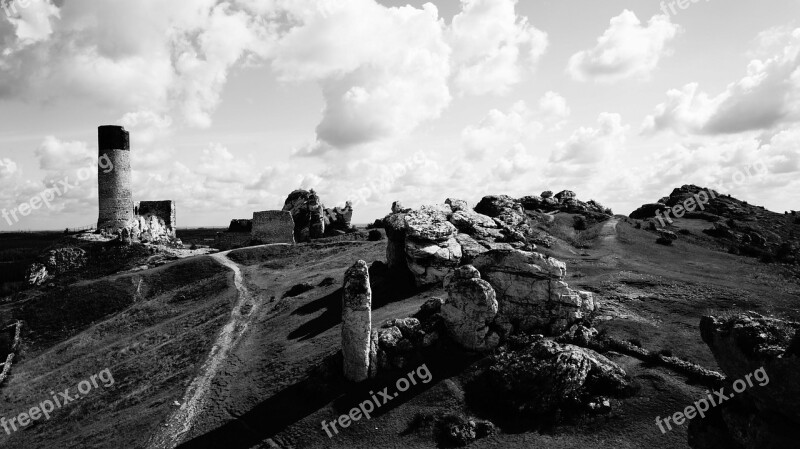 Castle Olsztyn The Ruins Of The Castle Hill Black And White