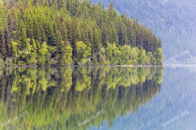 Bowman Lake Reflection Trees Forest Haze